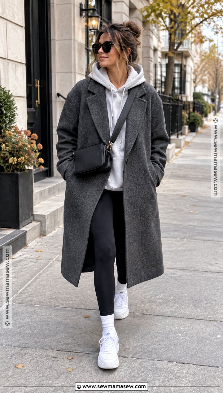 Gray Oversized Coat With Hoodie And Leggings - 20 fall coat outfits