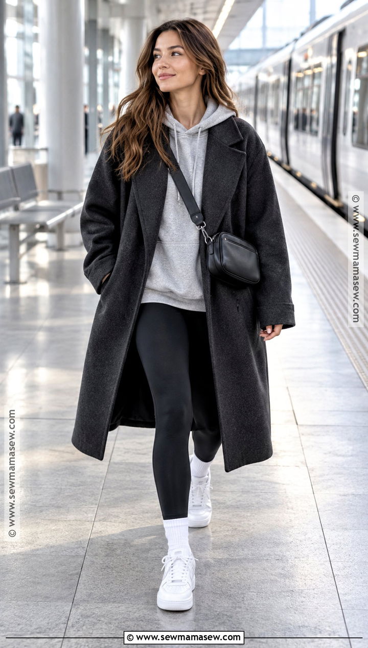 Gray Oversized Coat With Hoodie And Leggings - 20 autumn outfits coat