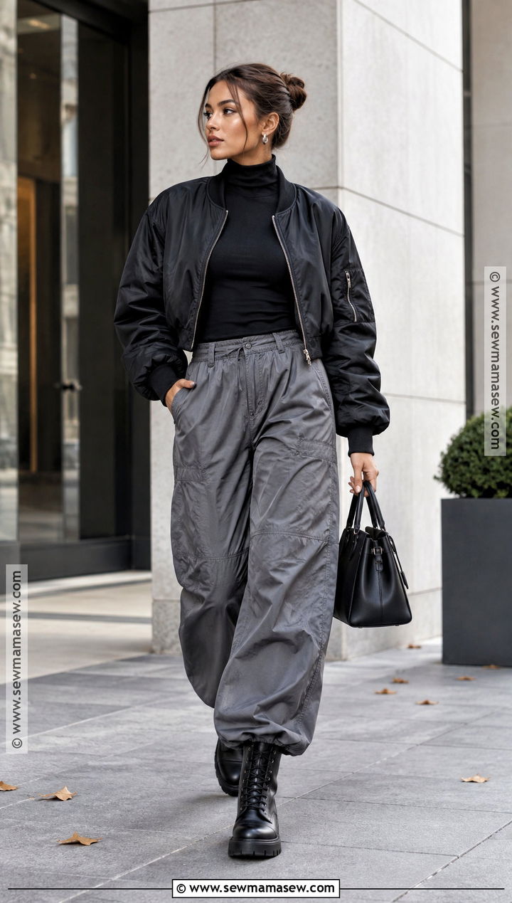 Gray Parachute Pants With Black Turtleneck - 15 Fall Outfits Parachute Pants