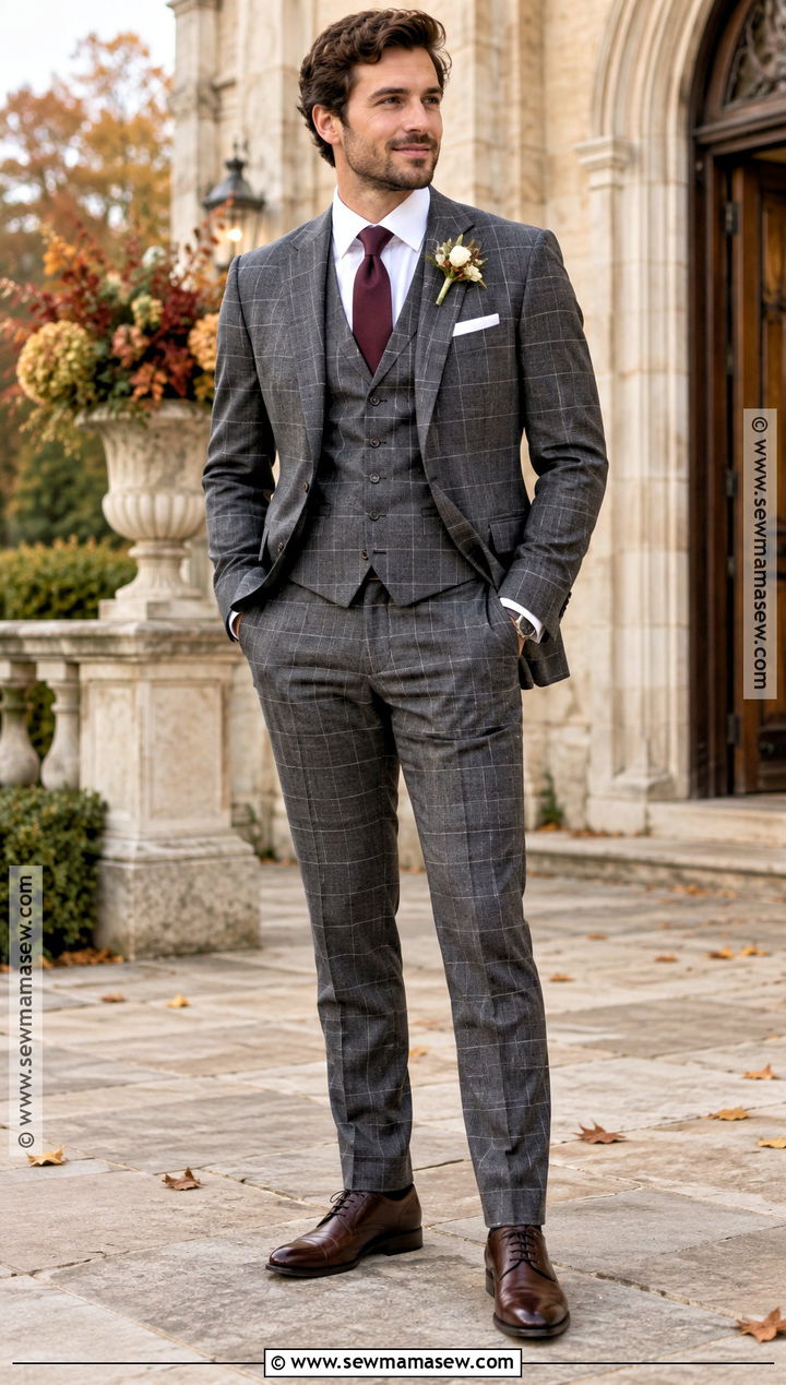 Gray Plaid Groom Suit - 15 fall wedding attire for groom ideas
