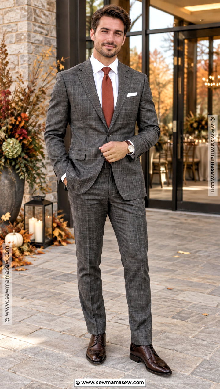 Gray Plaid Suit Fall Wedding Guest Outfit - 20 mens wedding guest outfit fall ideas