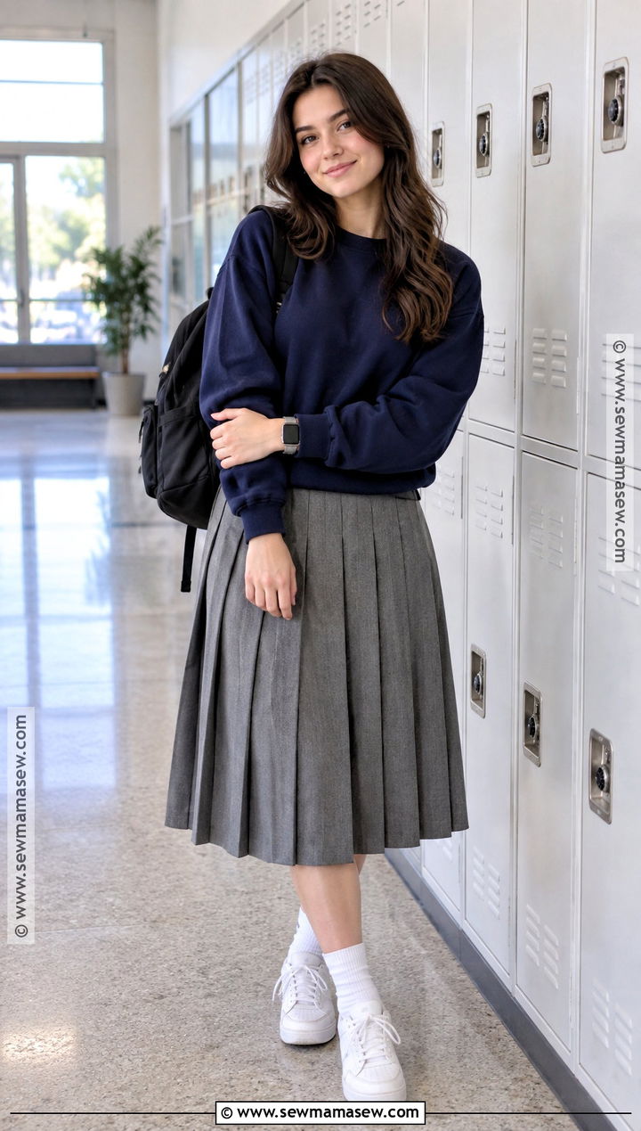Gray Pleated Skirt With School Sweatshirt - 25 back to school outfits skirt