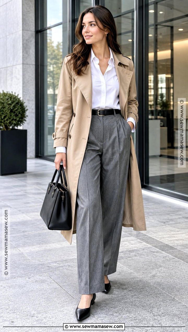 Gray Pleated Trousers With White Shirt And Trench Coat - 20 trousers fall outfit ideas