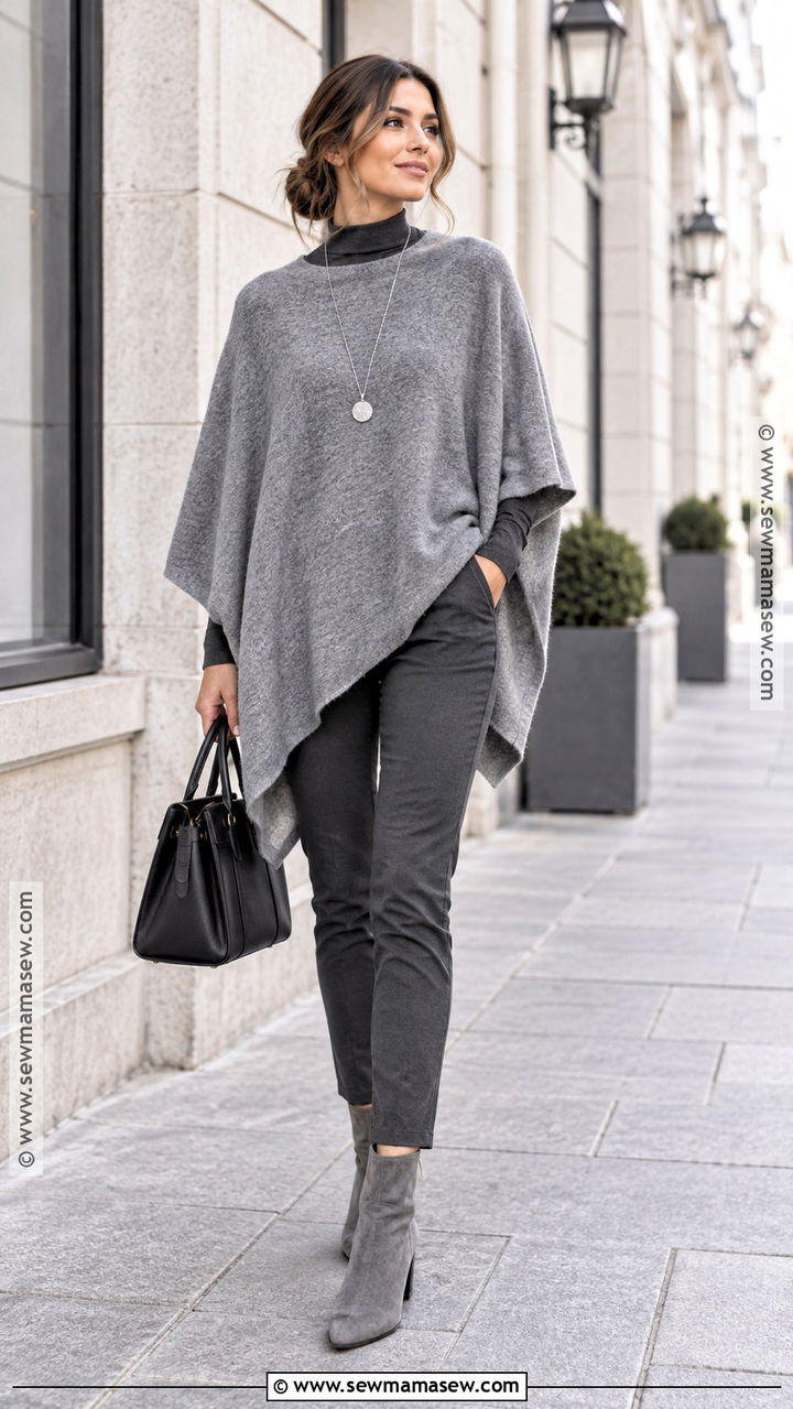Gray Poncho With Monochrome Pants And Boots - 20 fall poncho ideas