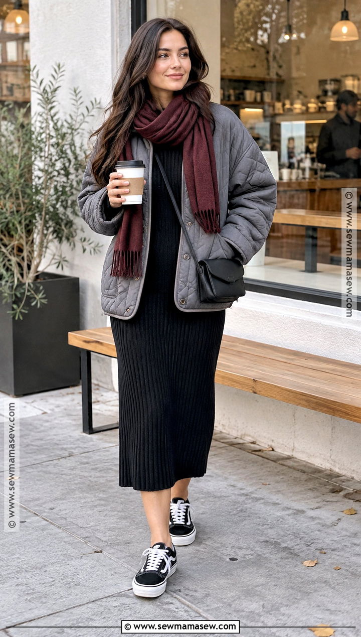 Gray Quilted Jacket With Black Midi Dress - 15 gray quilted jacket fall ideas