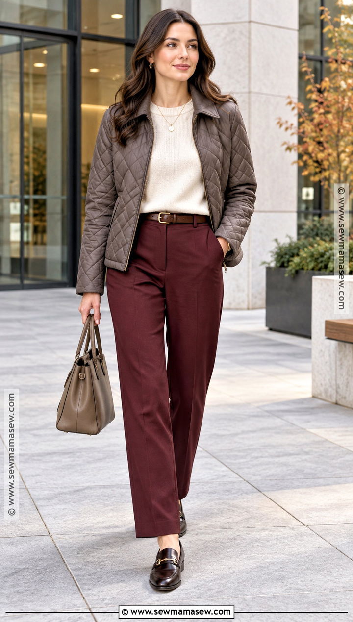 Gray Quilted Jacket With Burgundy Trousers - 15 gray quilted jacket fall ideas