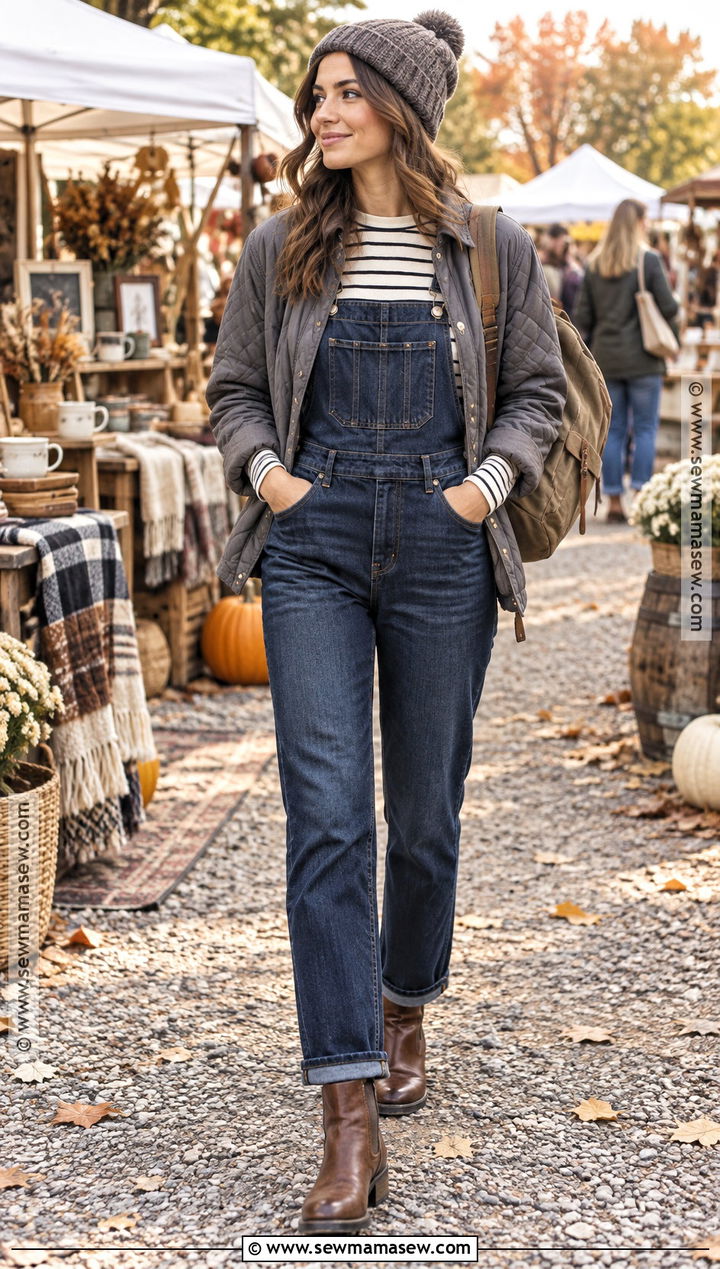 Gray Quilted Jacket With Denim Overalls - 15 gray quilted jacket fall ideas