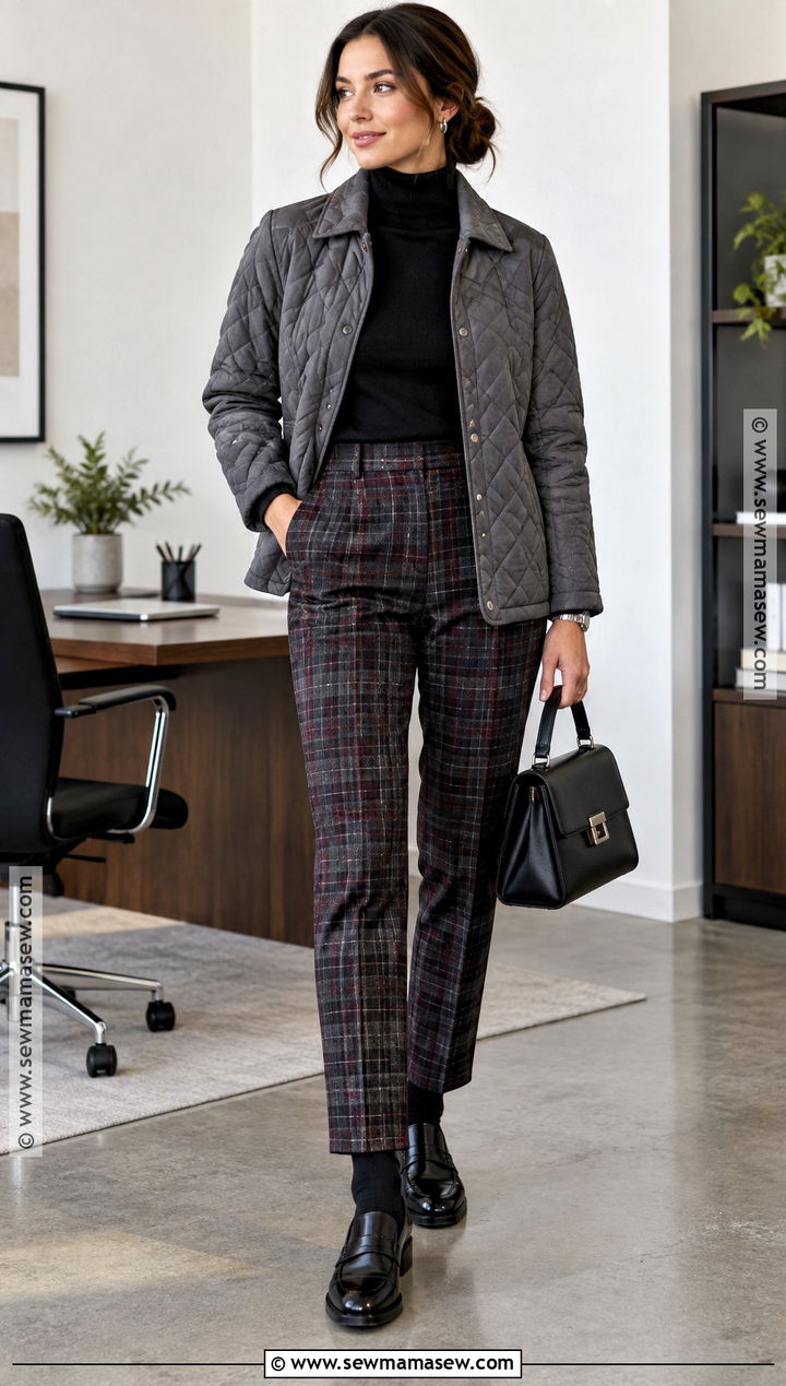 Gray Quilted Jacket With Plaid Pants - 15 gray quilted jacket fall ideas