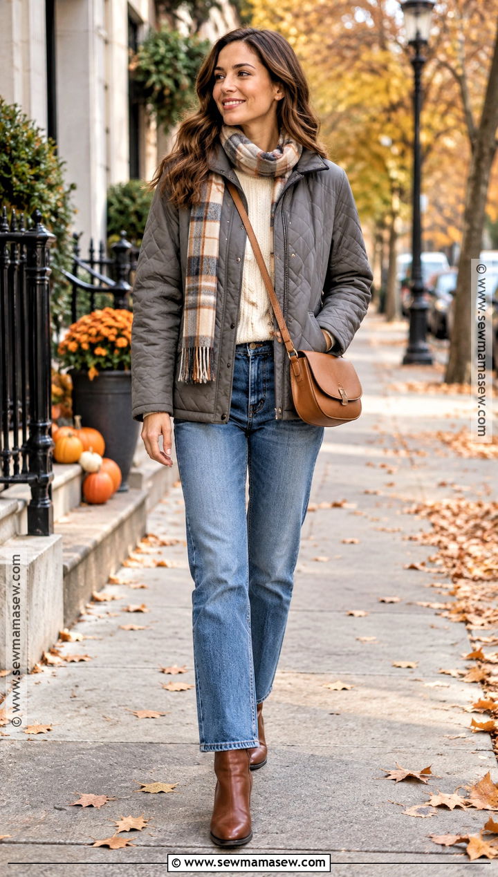 Gray Quilted Jacket With Straight Leg Jeans - 15 gray quilted jacket fall ideas