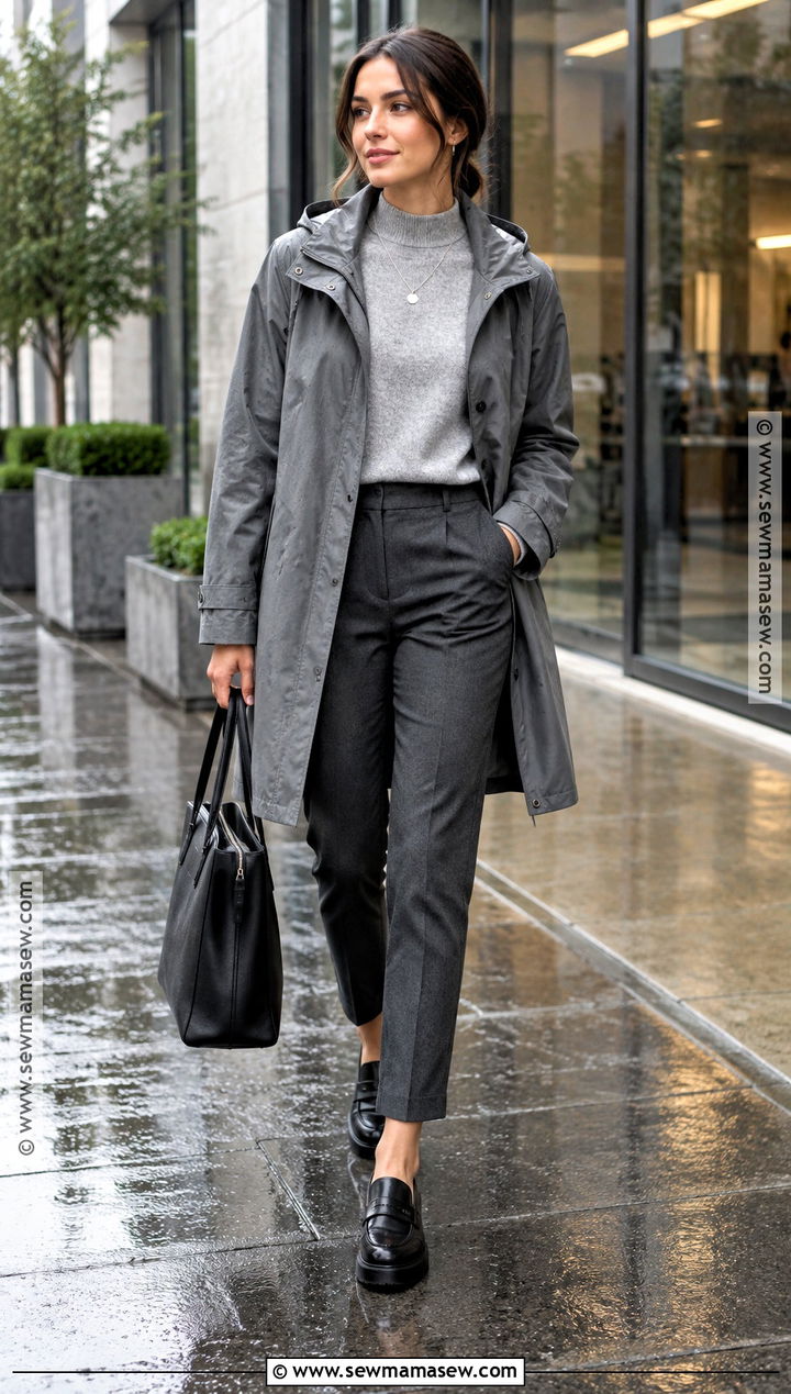 Gray Raincoat And Monochrome Work Outfit - 20 Fall Rainy Day Outfits Work
