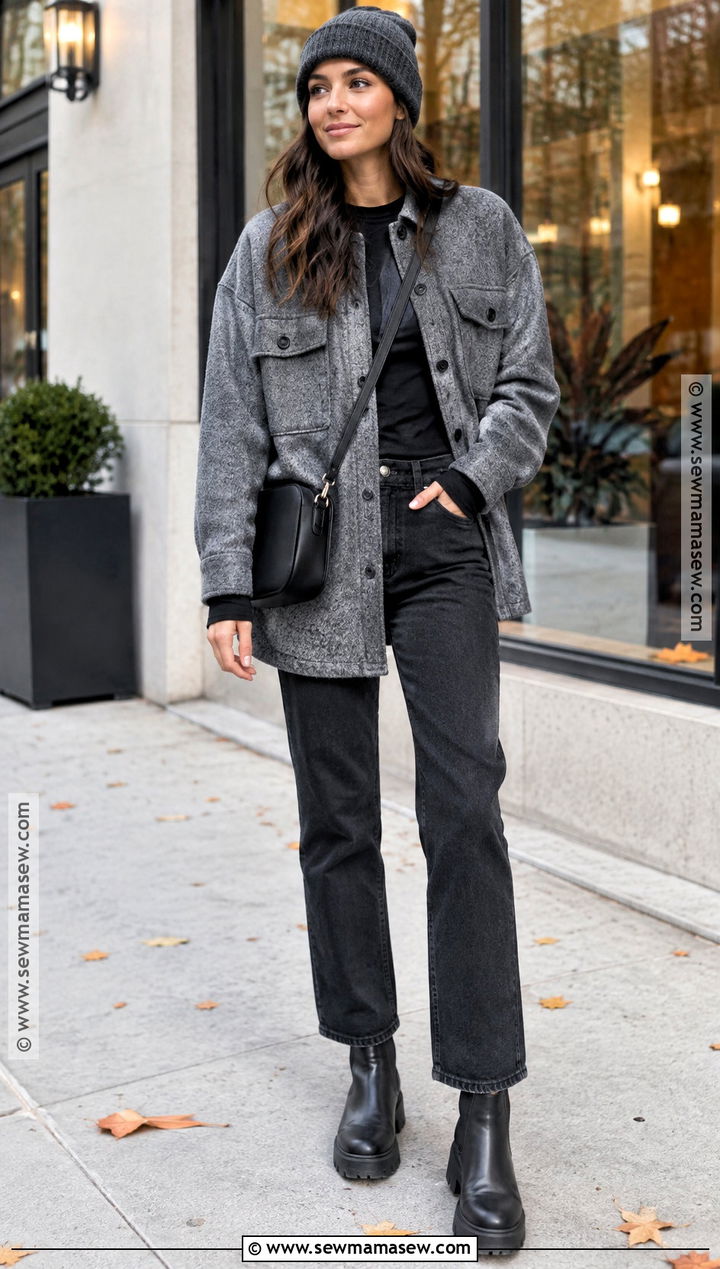 Gray Shacket With Black Jeans And Boots - 15 Gray Cozy Fall Fashion Ideas