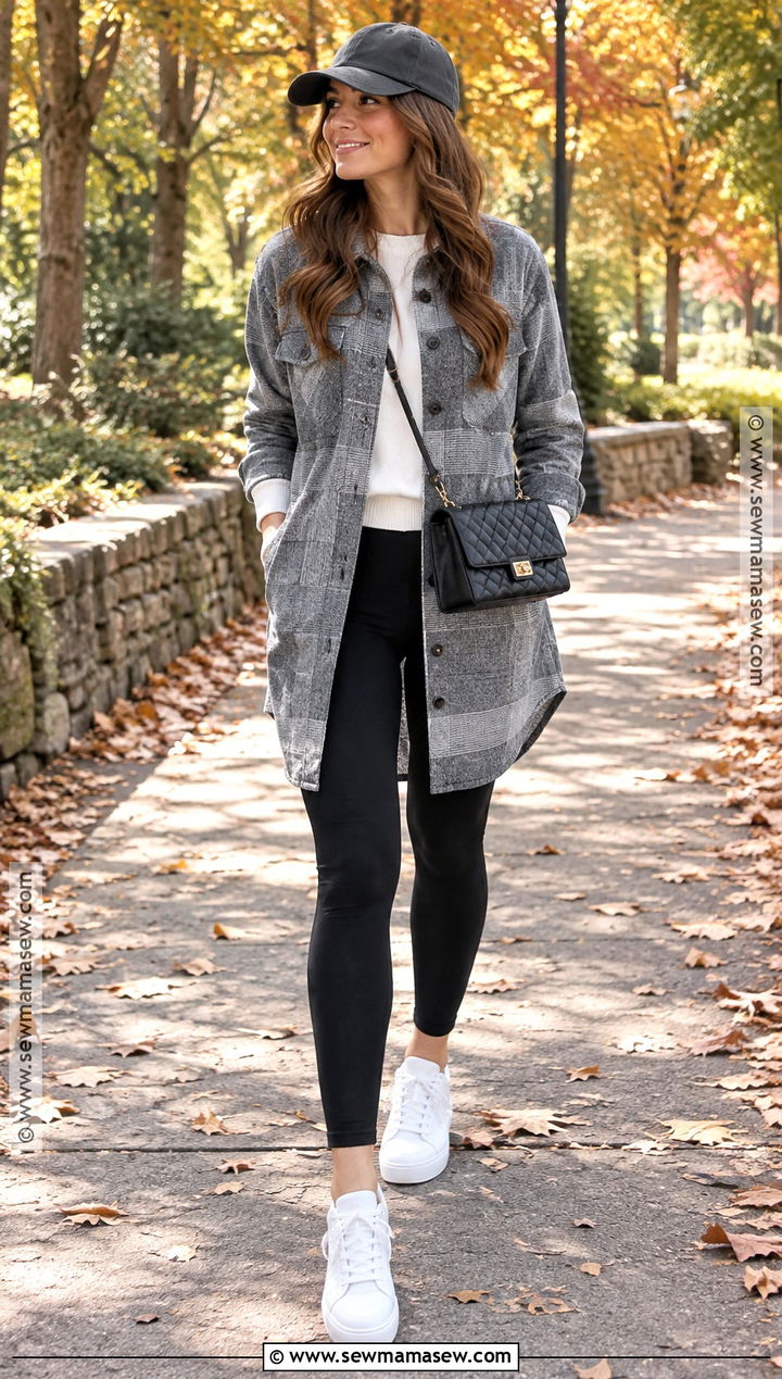 Gray Shacket With Leggings and Sneakers - 15 gray jacket fall fashion ideas