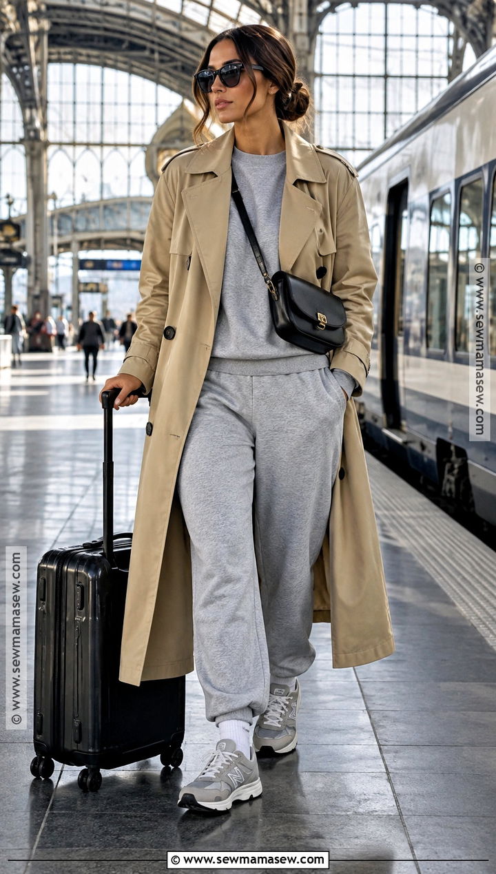 Gray Sneakers With Matching Sweats And Trench Coat - 25 fall sneakers outfit