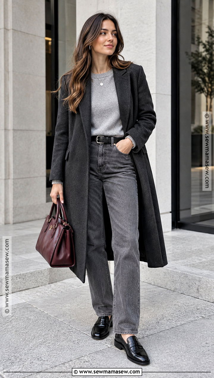 Gray Straight Leg Jeans With a Monochrome Sweater - 20 straight leg jeans outfits fall