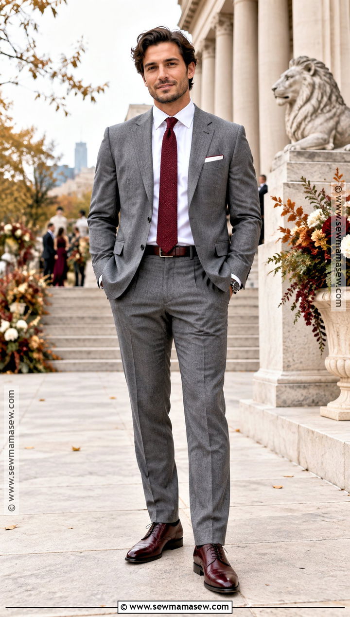 Gray Suit And Burgundy Tie Fall Wedding Attire - 15 Mens Wedding Attire Fall Ideas