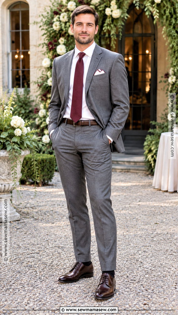 Gray Suit And Burgundy Tie Fall Wedding Outfit - 15 fall wedding outfit men guest ideas