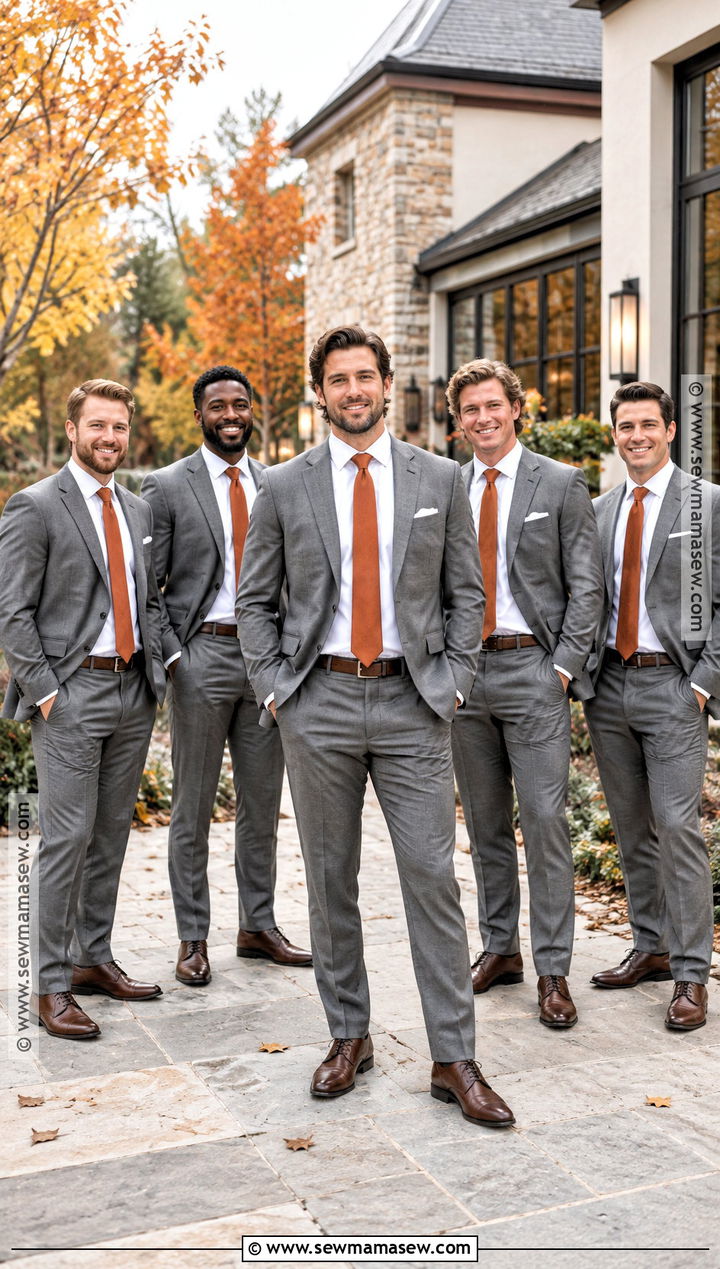 Gray Suit And Burnt Orange Tie Groomsmen Attire - 25 fall wedding groomsmen attire ideas