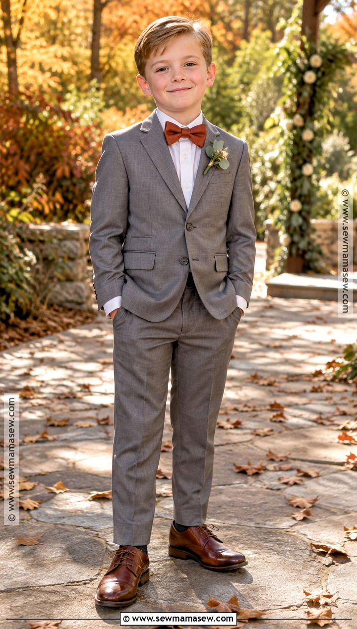 Gray Suit And Rust Bow Tie Ring Bearer Outfit - 20 fall ring bearer outfit ideas
