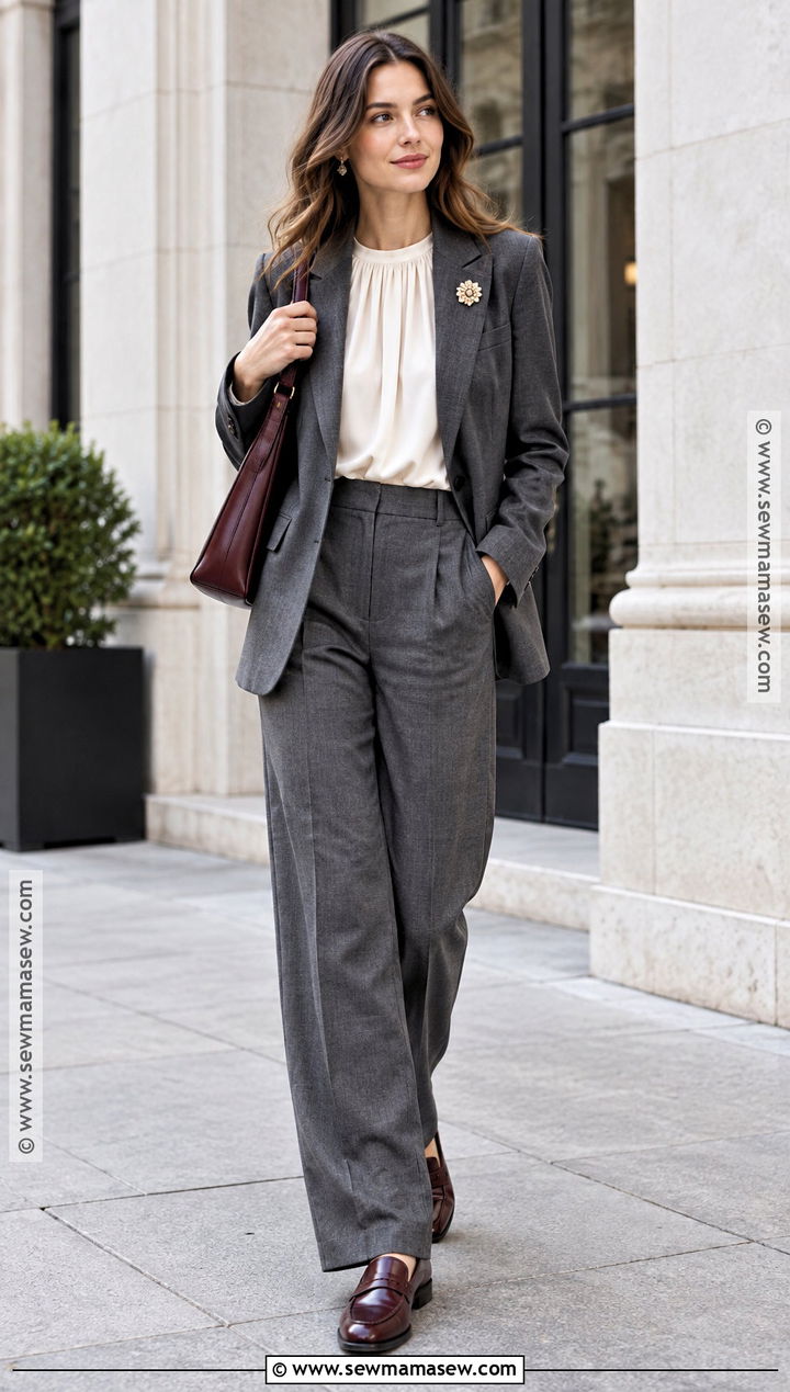 Gray Suit And Soft Blouse Fall Outfit - 25 fall style trends