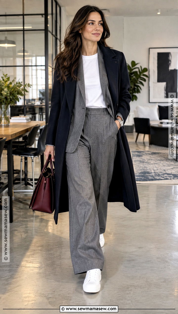Gray Suit And White Sneakers Fall Office Outfit - 25 Fall Outfits Office