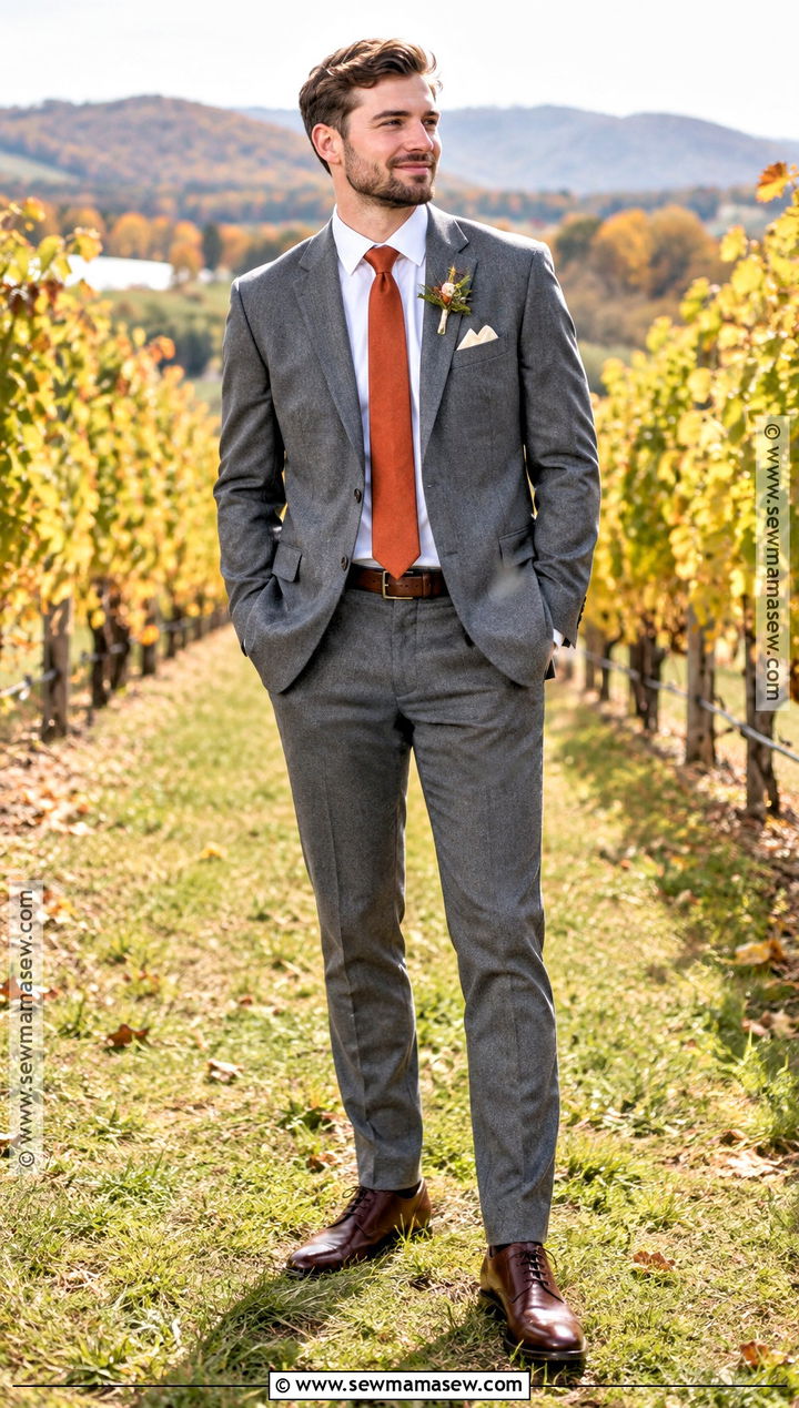 Gray Suit With Burnt Orange Tie Groom Attire - 25 fall wedding groom attire ideas