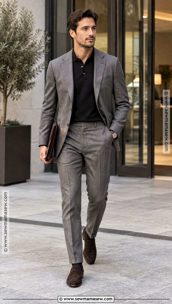 Gray Suit With Knit Polo and Loafers - 20 fit inspo men autumn ideas