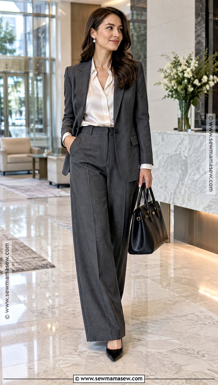 Gray Suit and Silk Blouse Fall Outfit - 25 elegant fall outfits