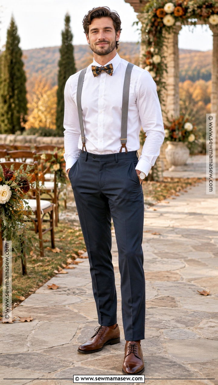 Gray Suspenders And Autumn Floral Bow Tie Outfit - 15 Fall Wedding Suspenders Bow Ties Ideas