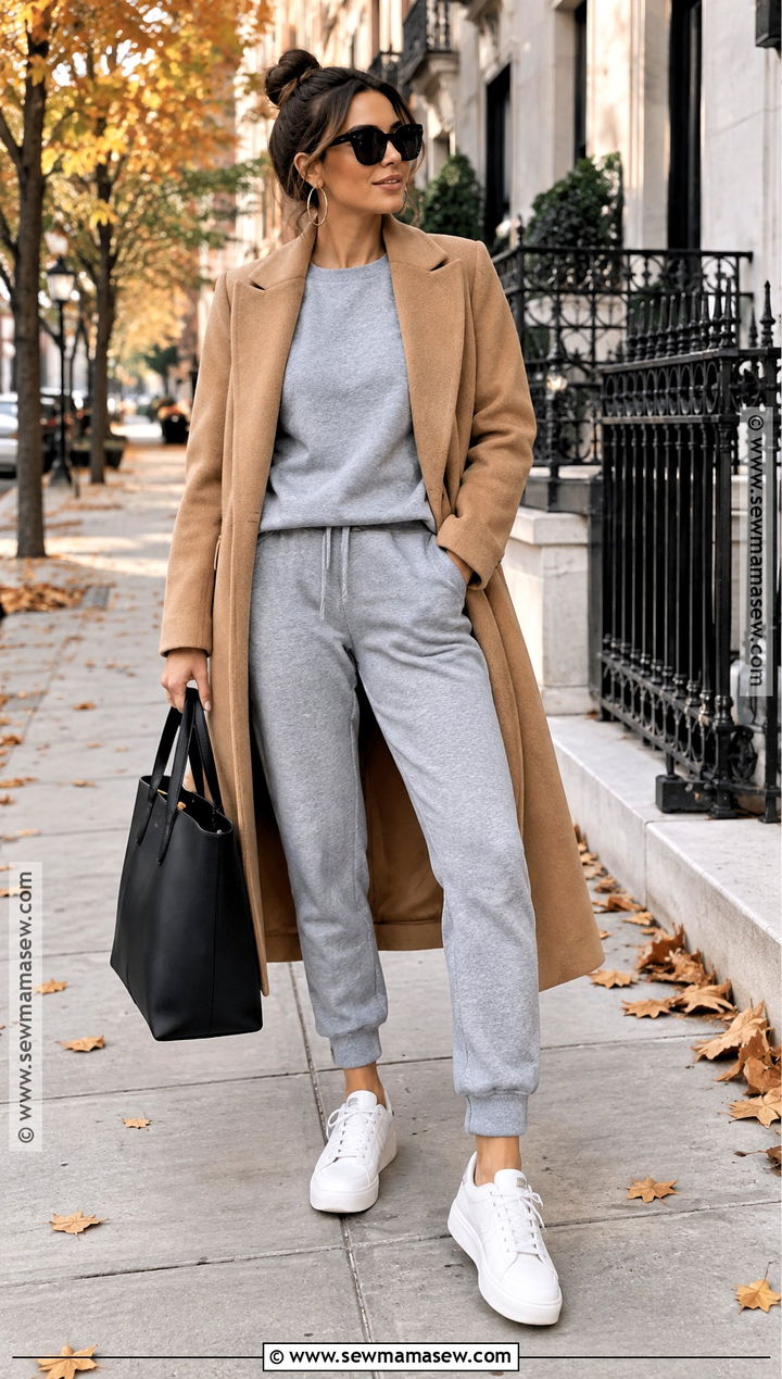 Gray Sweat Suit With Camel Coat - 15 fall sweat suit outfits