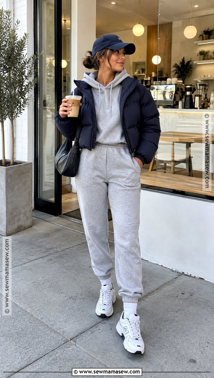 Gray Sweat Suit With Cropped Puffer Jacket - 15 fall sweat suit outfits