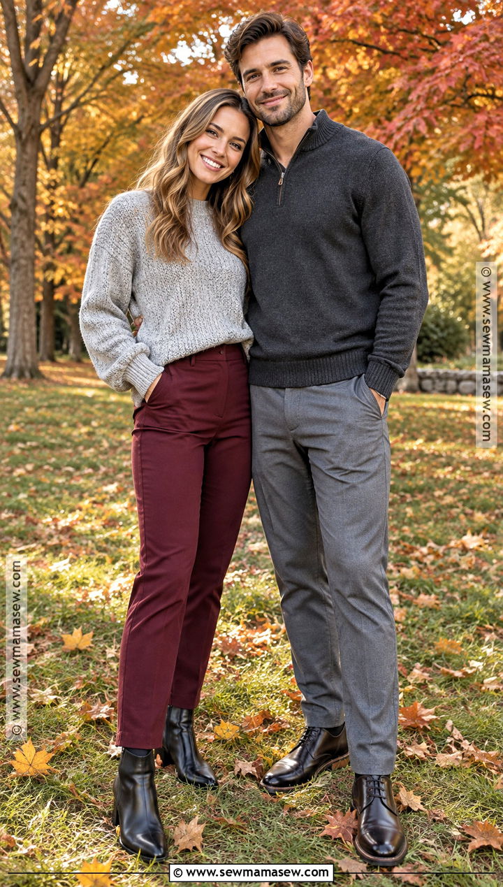 Gray Sweater And Burgundy Pants Couples Fall Photoshoot Outfit - 25 couples fall photoshoot outfits