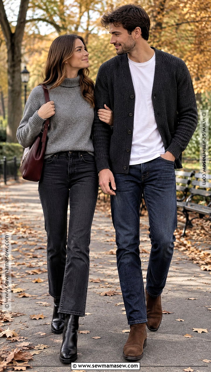 Gray Sweater And Dark Denim Fall Couple Outfit - 20 fall pictures for couples outfits