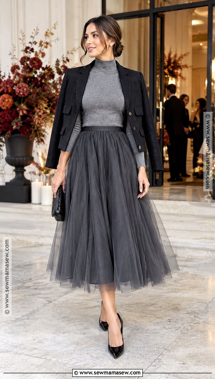 Gray Sweater And Tulle Skirt Fall Outfit - 25 fall dressy outfits