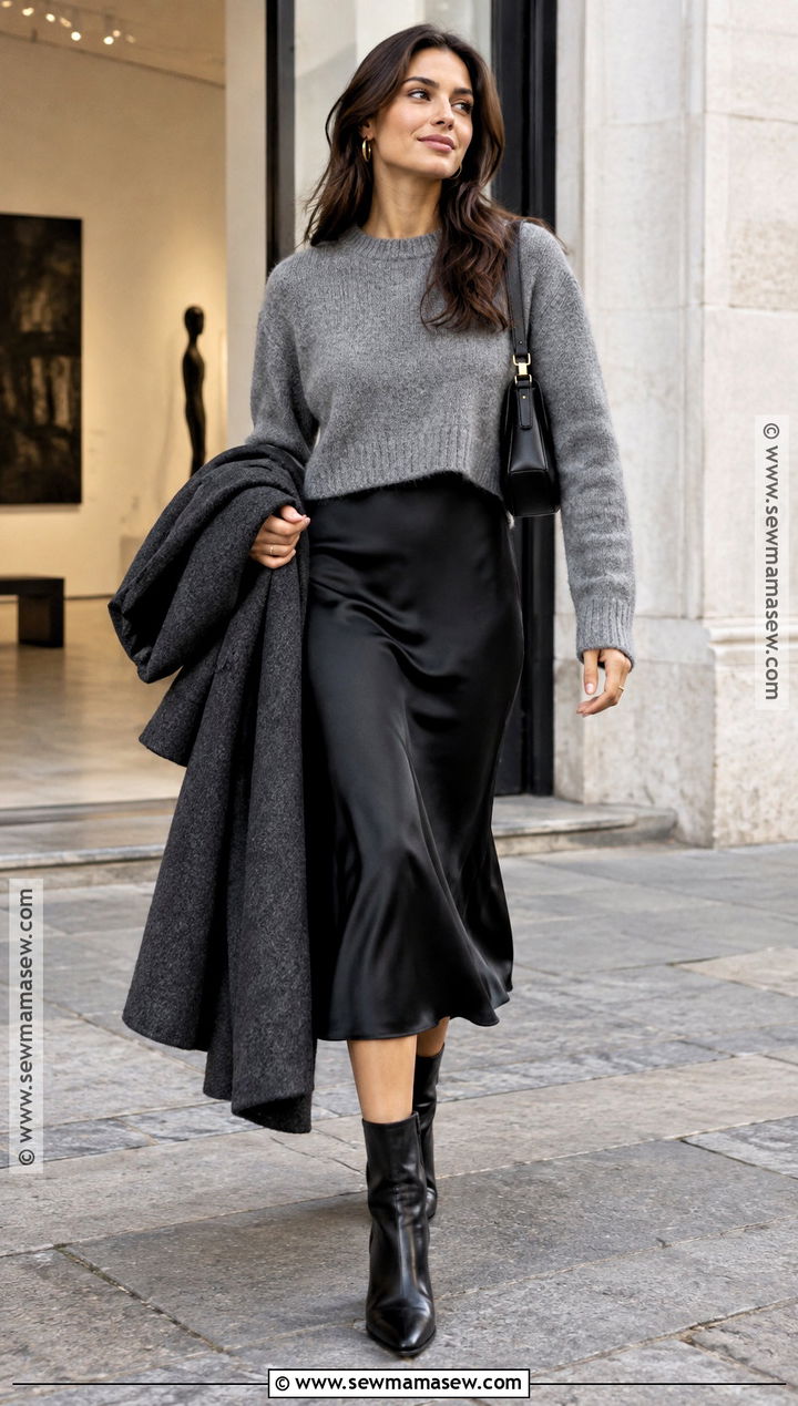 Gray Sweater Over A Slip Dress With Ankle Boots - 15 cozy gray sweater fall fashion ideas