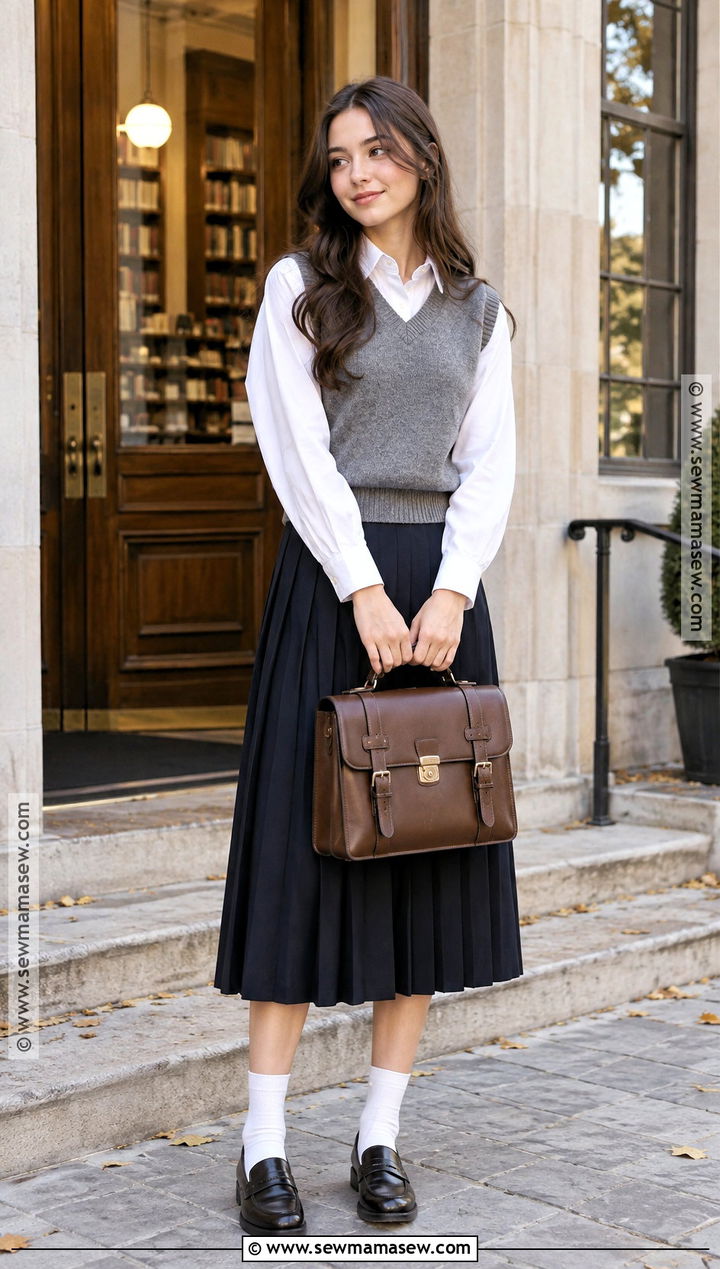 Gray Sweater Vest With White Shirt And Pleated Skirt - 20 autumn sweaters aesthetic