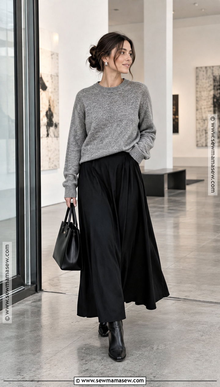 Gray Sweater With Black Maxi Skirt - 25 fall sweater outfits