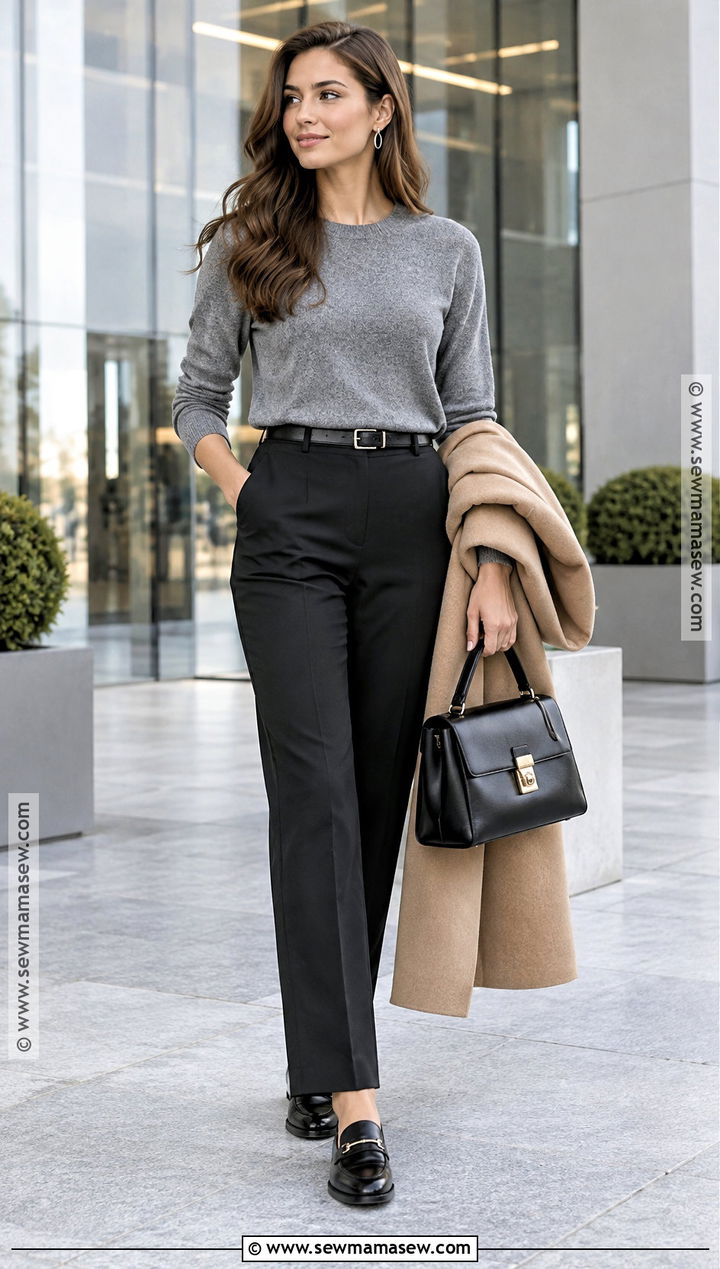 Gray Sweater With Black Trousers And Loafers - 15 cozy gray sweater fall fashion ideas