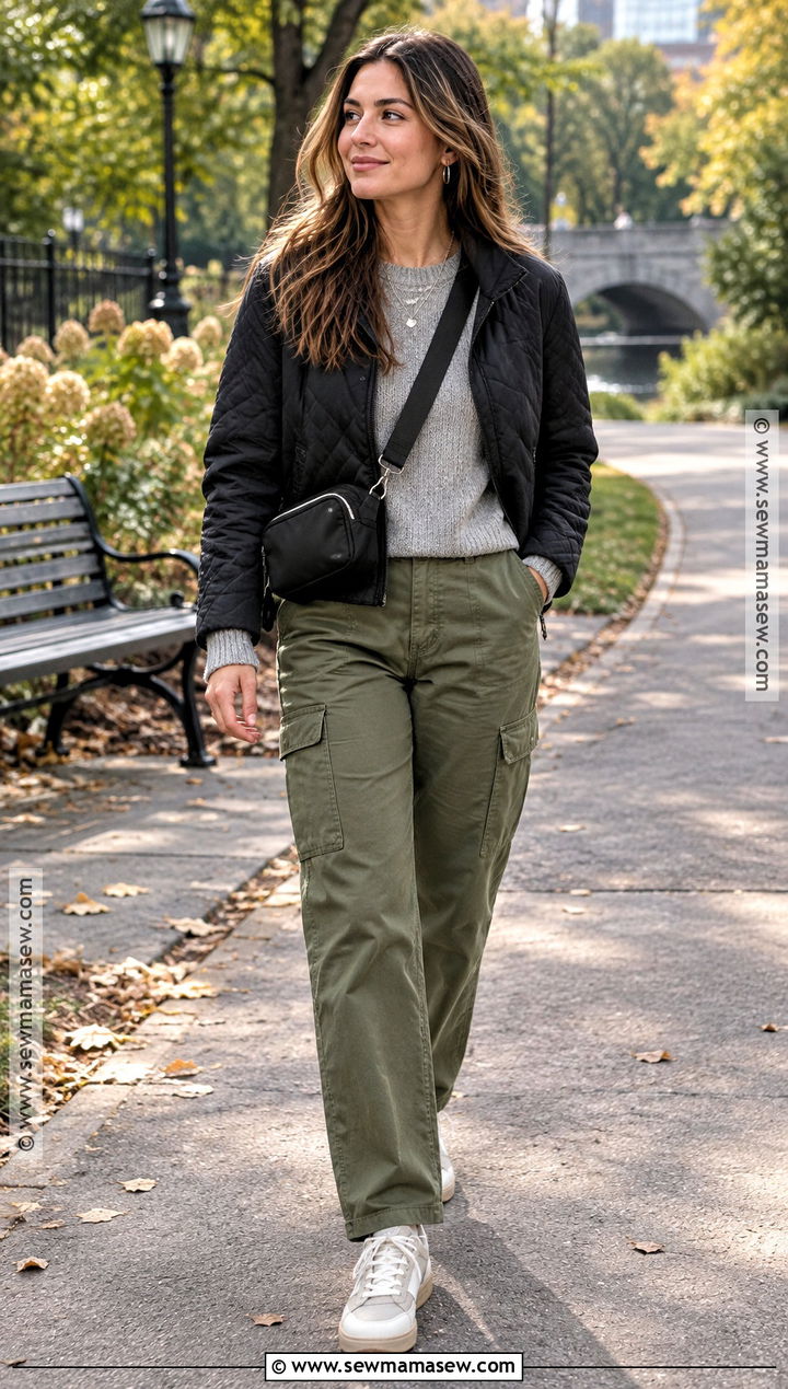 Gray Sweater With Utility Pants And Retro Sneakers - 15 cozy gray sweater fall fashion ideas