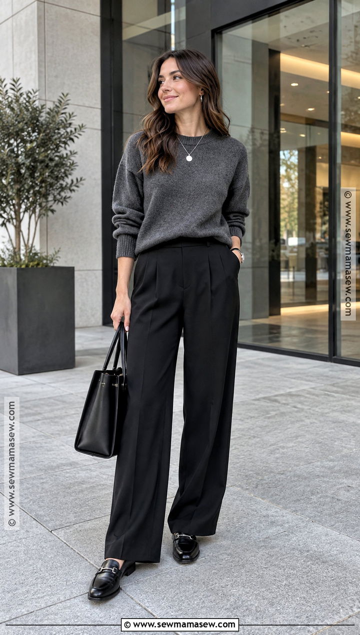 Gray Sweater and Black Trousers Autumn Outfit - 25 Autumn Aesthetic Cozy Outfit Ideas