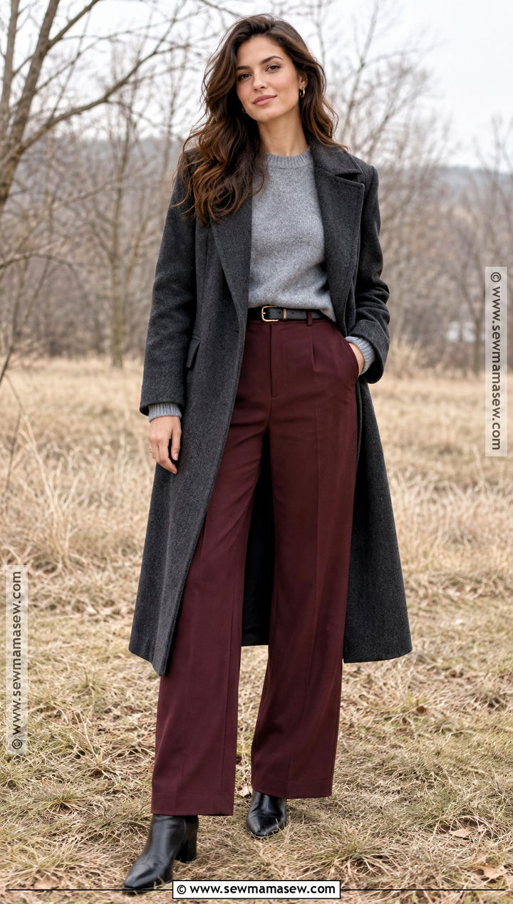 Gray Sweater and Burgundy Pants Fall Photoshoot Outfit - 25 Fall Photoshoot Outfits