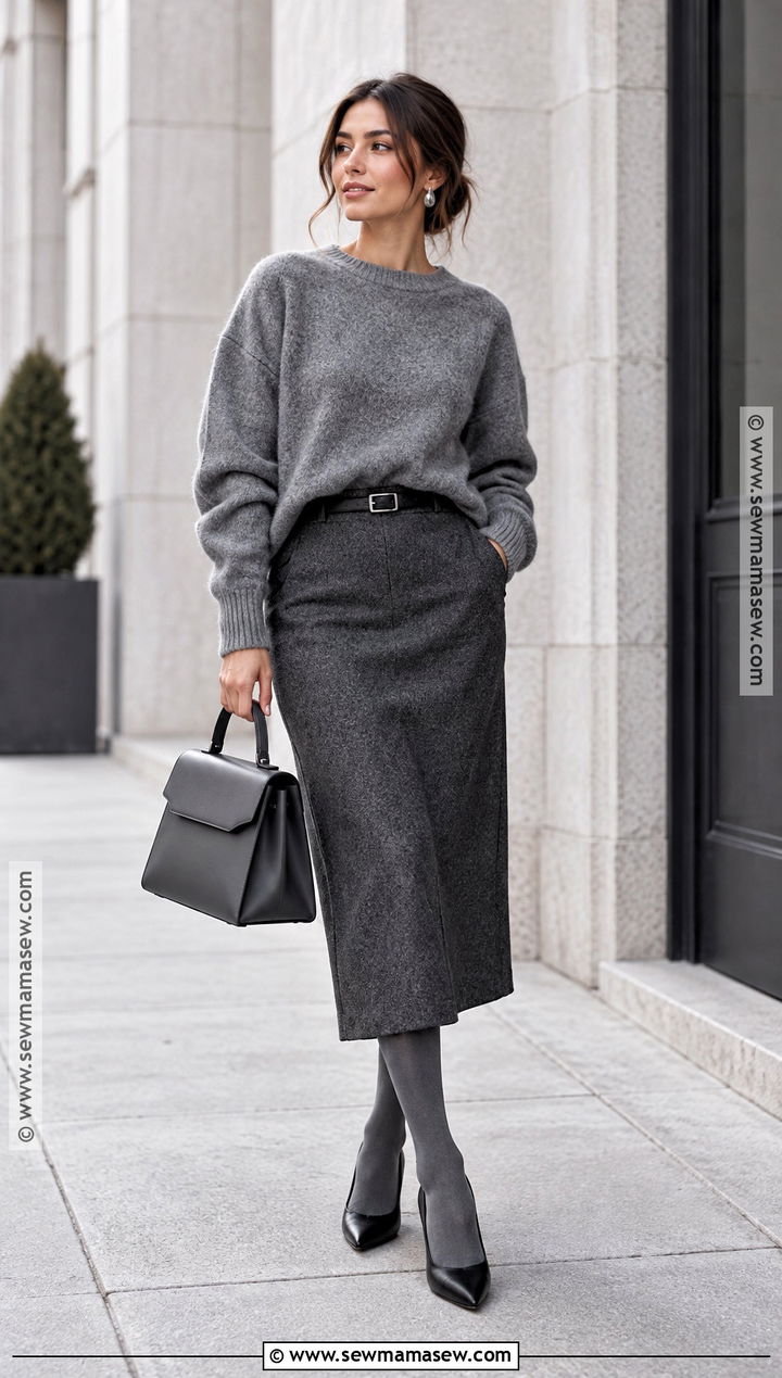 Gray Sweater and Midi Skirt Outfit - 15 Fashion Week Fall Winter Ideas 2026