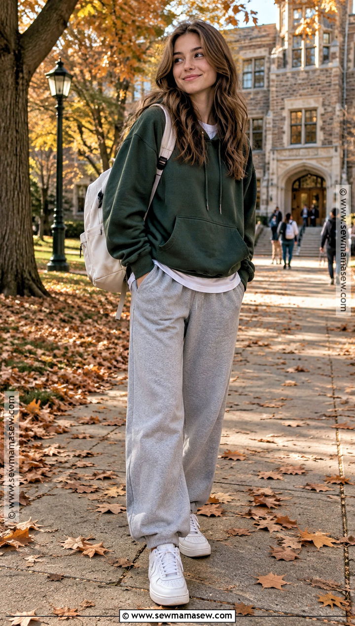 Gray Sweatpants With Hoodie And White Sneakers - 15 sweatpants outfit for school fall ideas