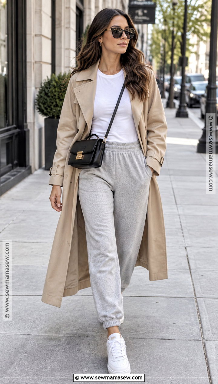 Gray Sweatpants With Trench Coat And Sneakers - 20 sweatpants fall outfit ideas