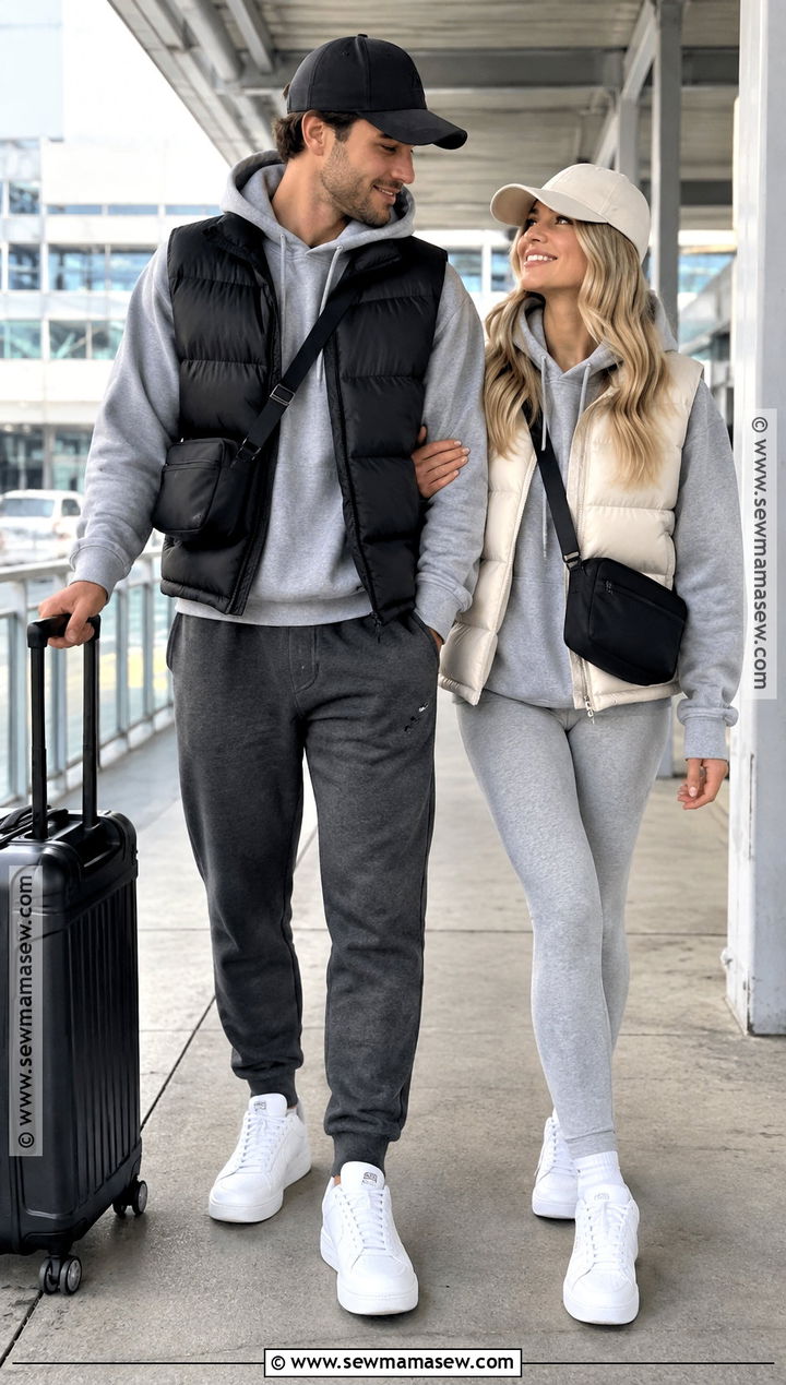 Gray Sweatsuit And Puffer Vest Couple Outfit - 20 fall matching outfits for couples