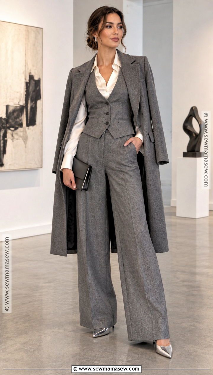 Gray Tailored Vest And Trousers With Satin Blouse - 25 fall formal outfits