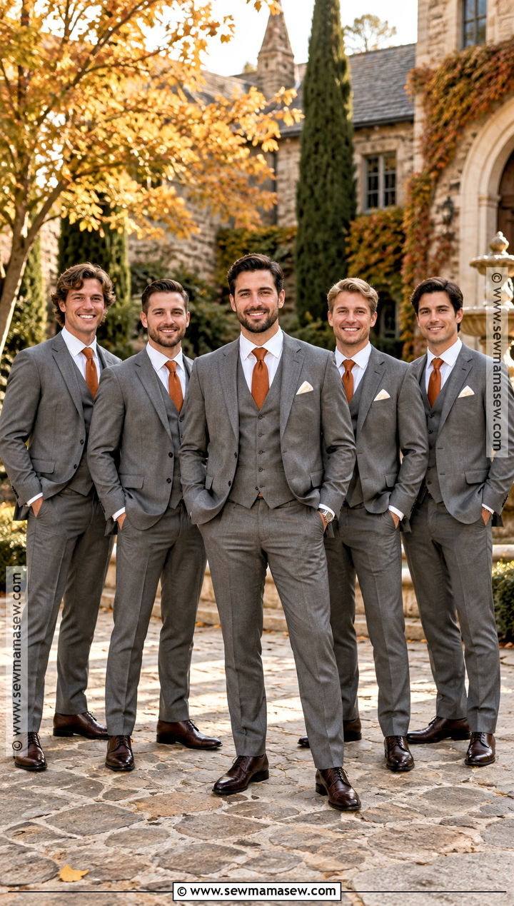 Gray Three Piece Groomsmen Suit With Burnt Orange Tie - 15 groomsmen outfits fall wedding