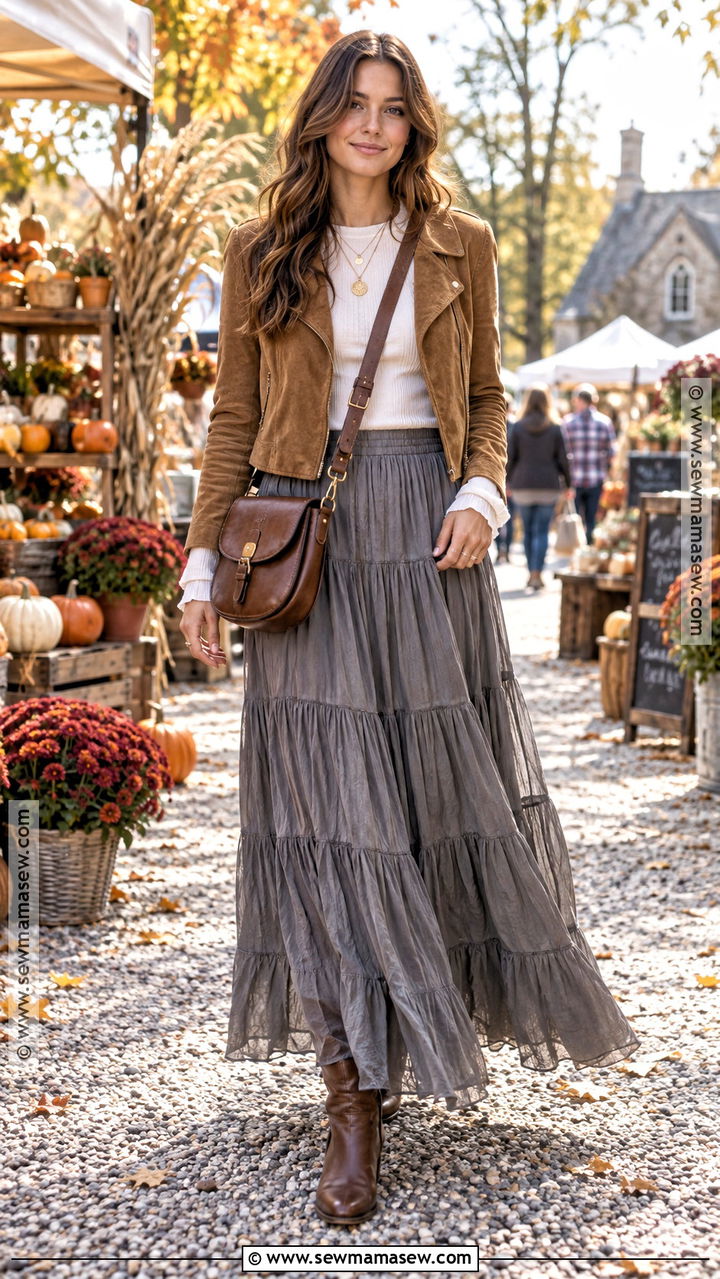 Gray Tiered Maxi Skirt With Suede Jacket - 20 gray skirt outfit fall ideas