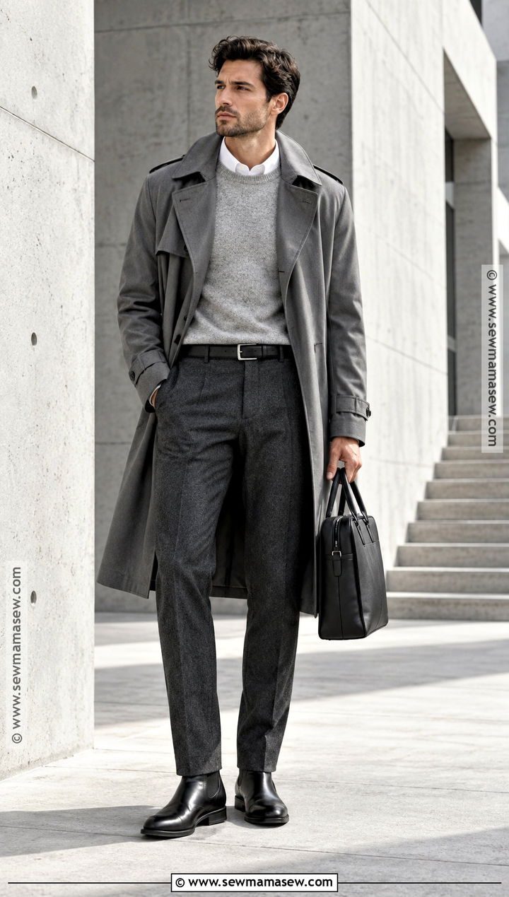 Gray Trench Coat With Monochrome Knitwear And Trousers - 15 men's autumn trench coat ideas