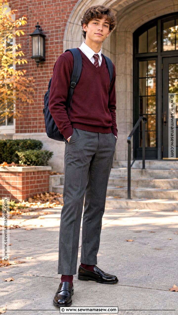 Gray Trousers School Uniform With Burgundy Sweater - 20 Autumn School Uniform Ideas