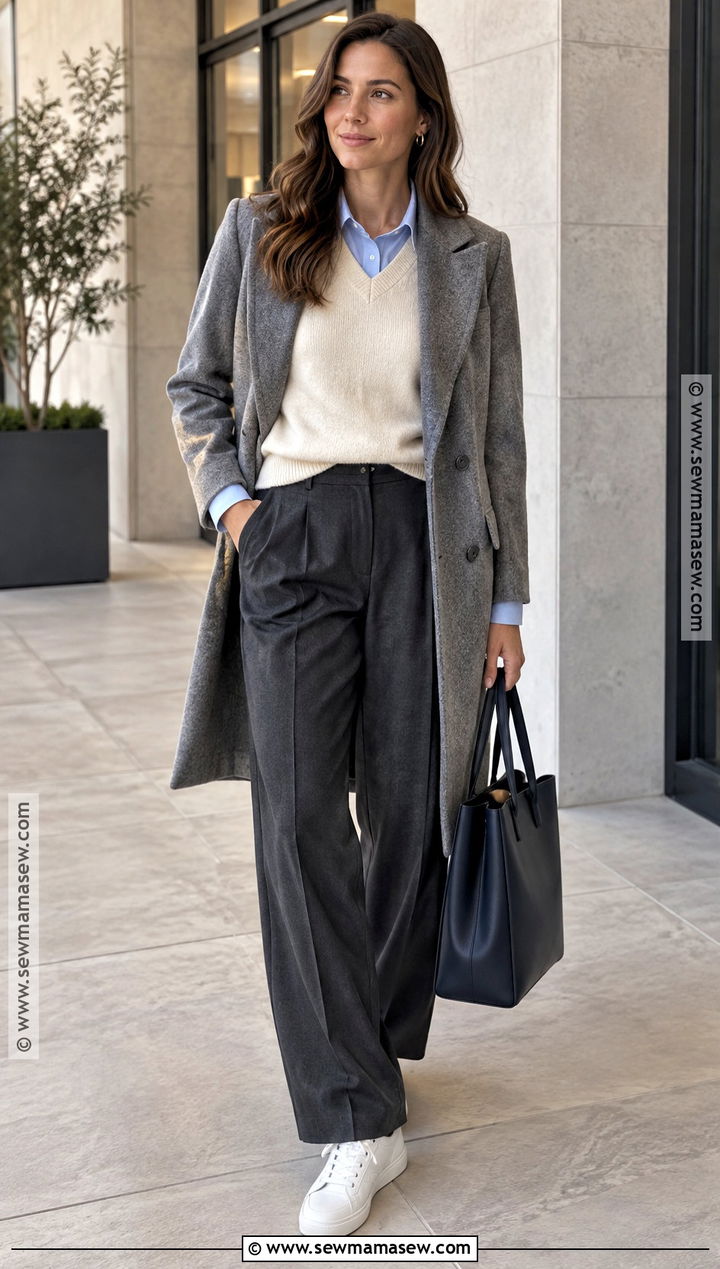 Gray Trousers With Knit Vest And Sneakers - 25 fall outfits pants